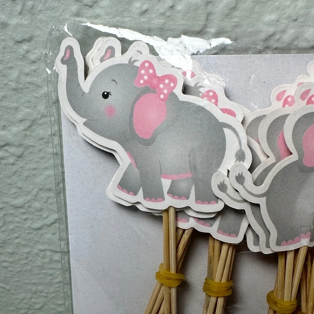 Elephant Themed Party Cupcake Toppers | Pink and Gray | 48 Pieces